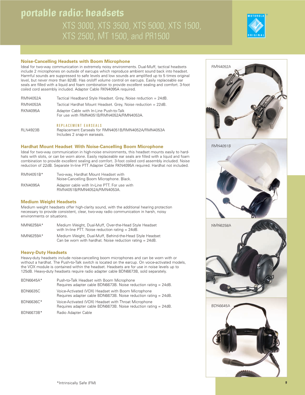 Portable Radio: Headsets XTS 3000, XTS 3500, XTS 5000, XTS 1500, XTS 2500, MT 1500, and PR1500