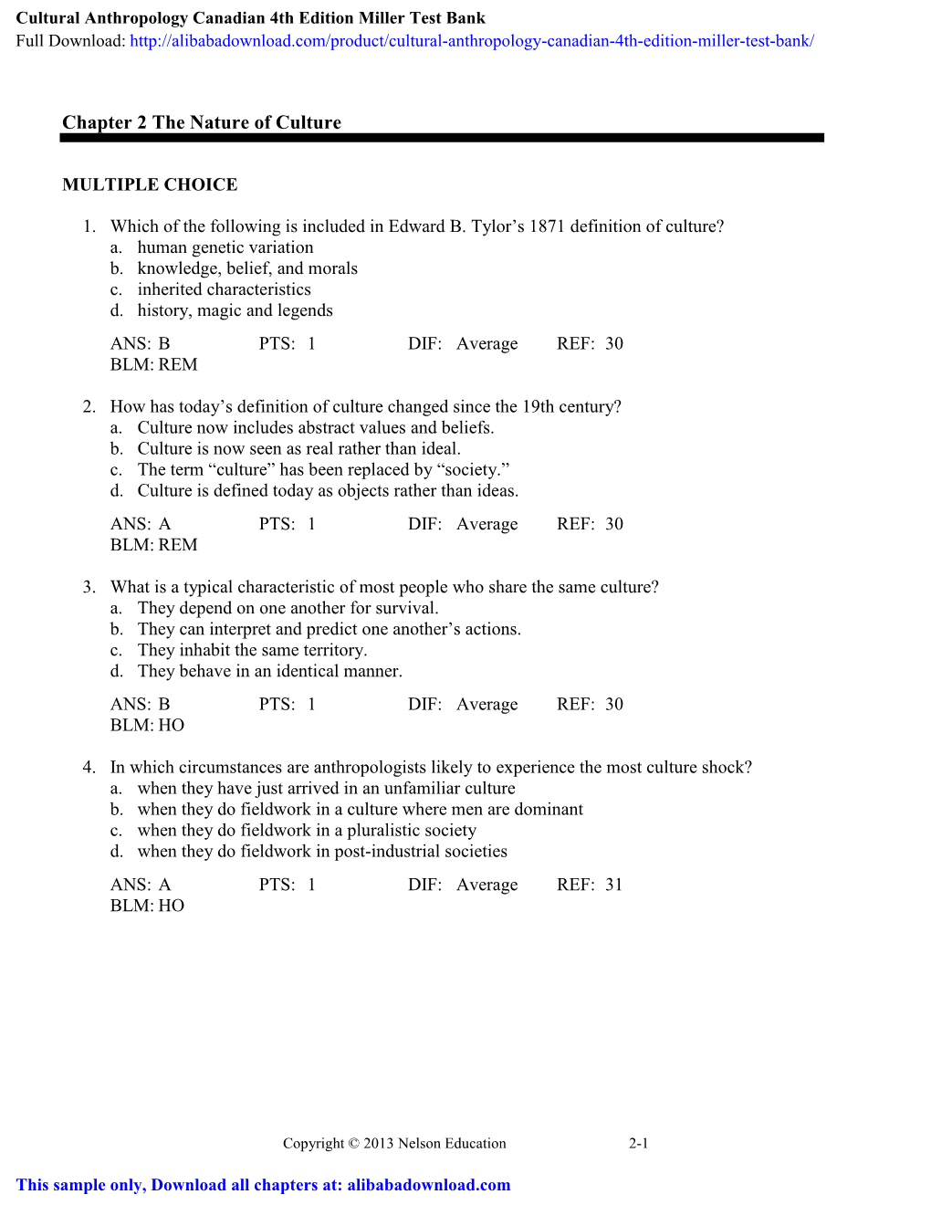 Cultural Anthropology Canadian 4Th Edition Miller Test Bank