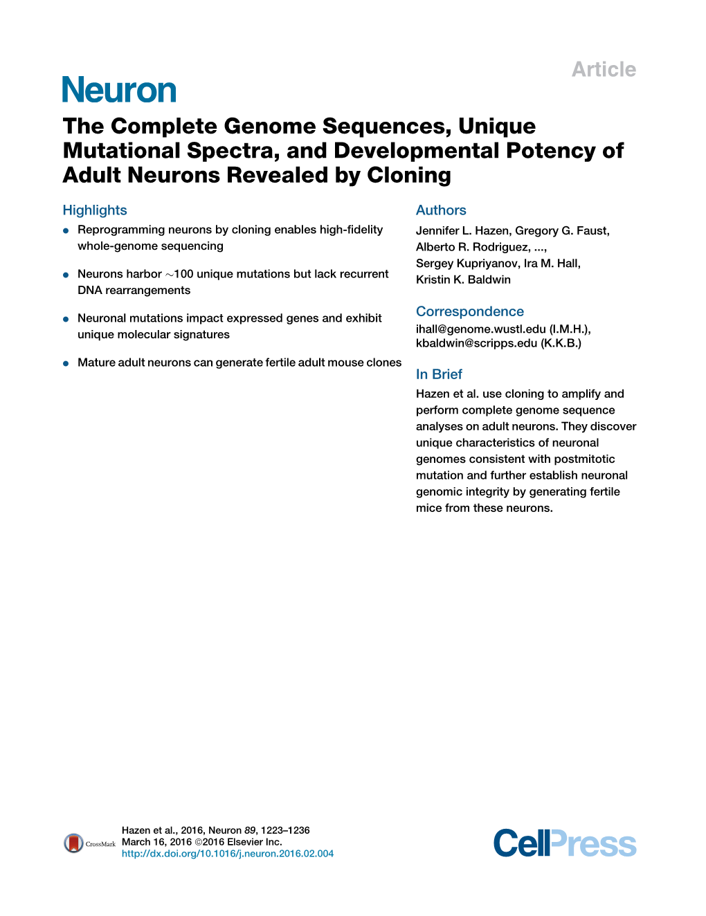 The Complete Genome Sequences, Unique Mutational Spectra, and Developmental Potency of Adult Neurons Revealed by Cloning