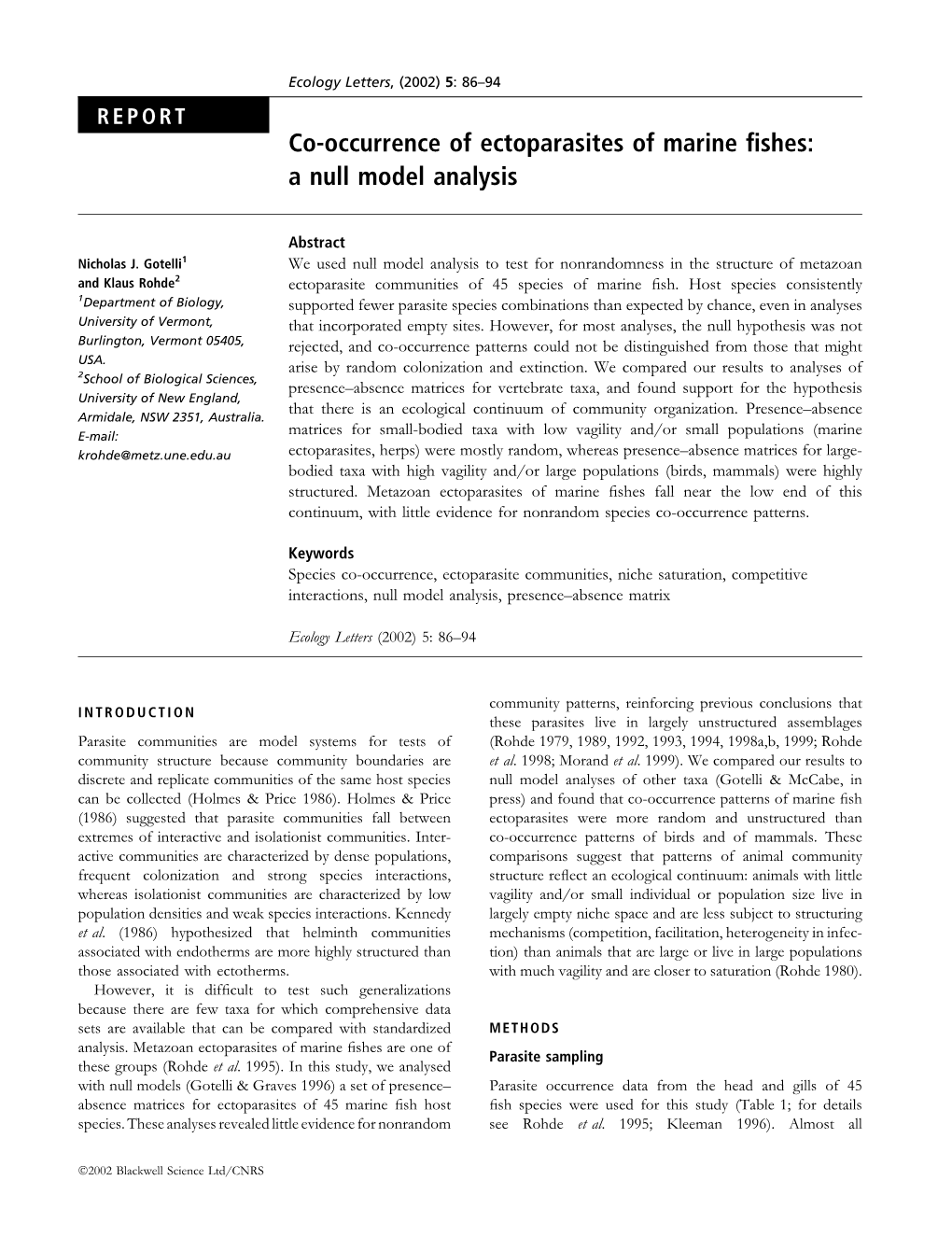 Co-Occurrence of Ectoparasites of Marine Fishes: a Null Model Analysis