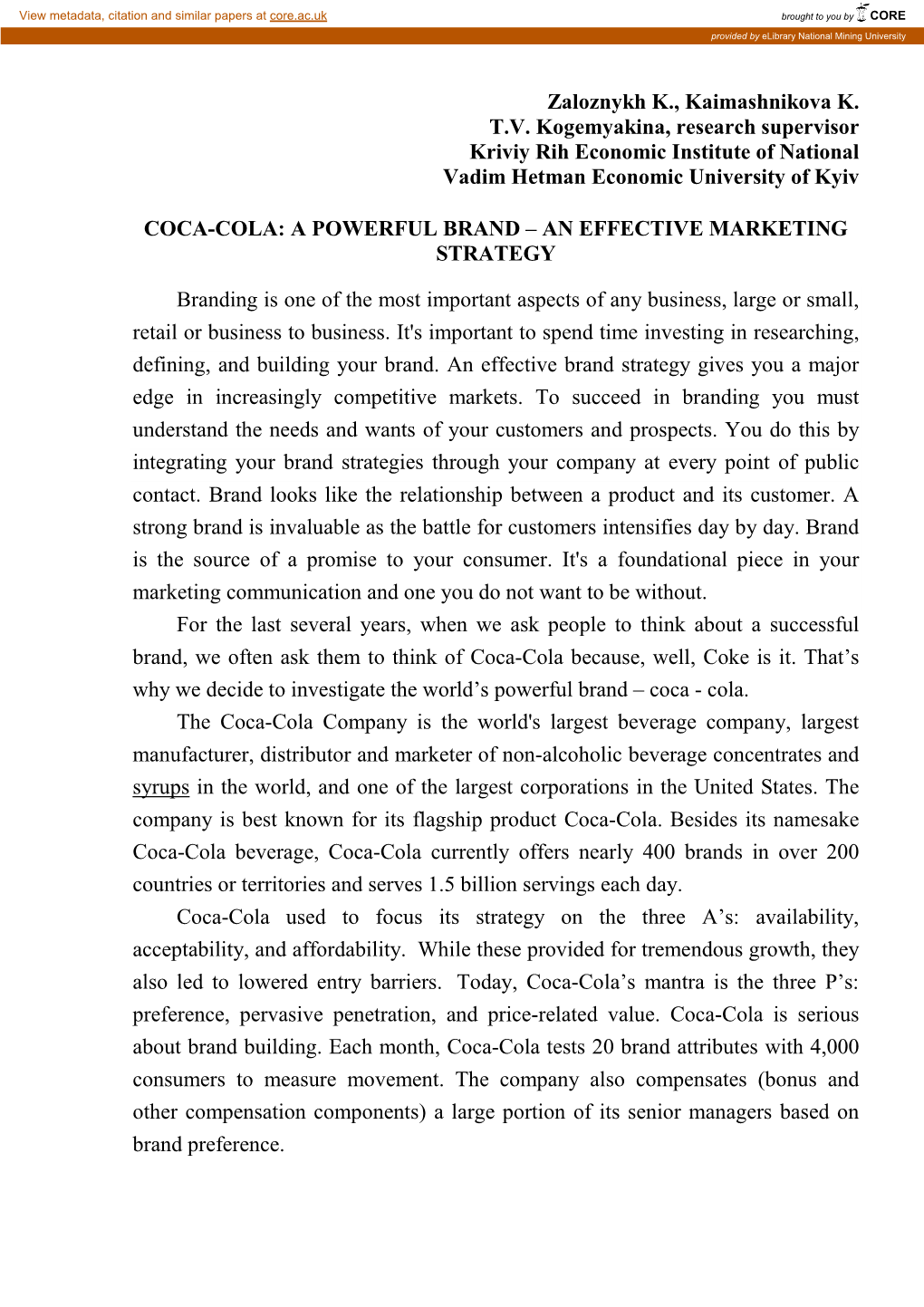 Coca-Cola: a Powerful Brand – an Effective Marketing Strategy
