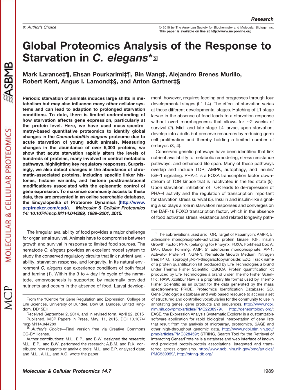 Global Proteomics Analysis of the Response to Starvation in C. Elegans*DS