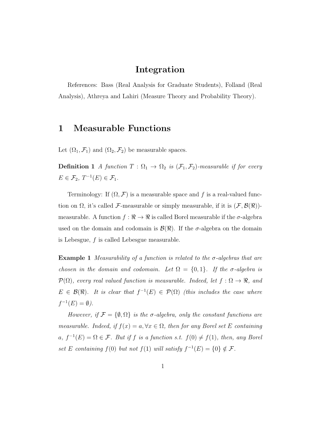 Integration 1 Measurable Functions