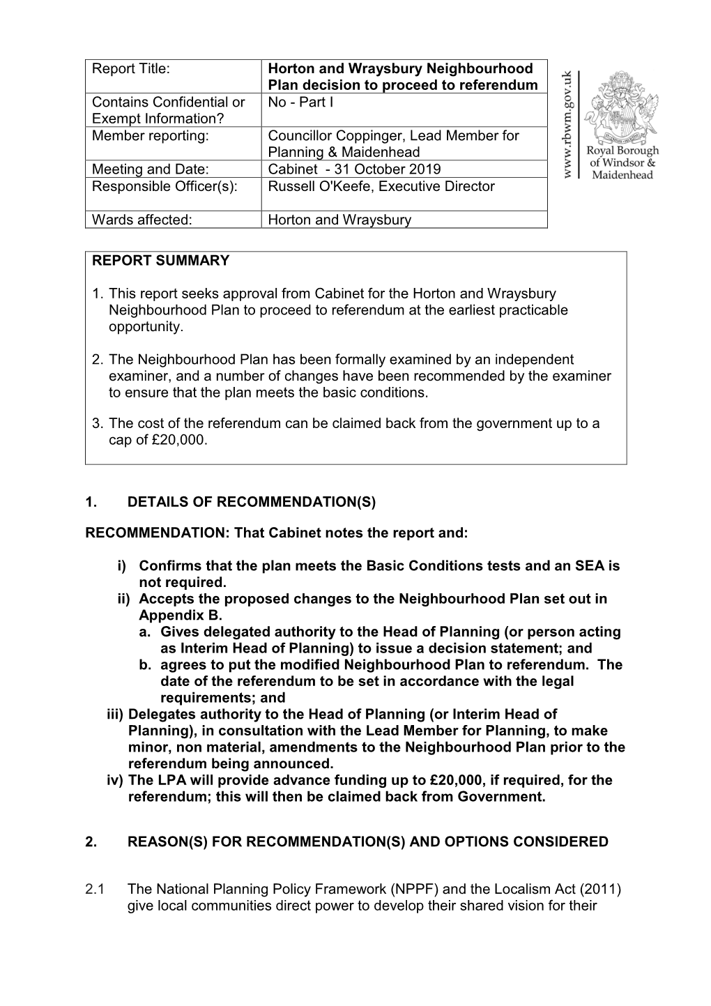 Report Title: Horton and Wraysbury Neighbourhood Plan Decision To