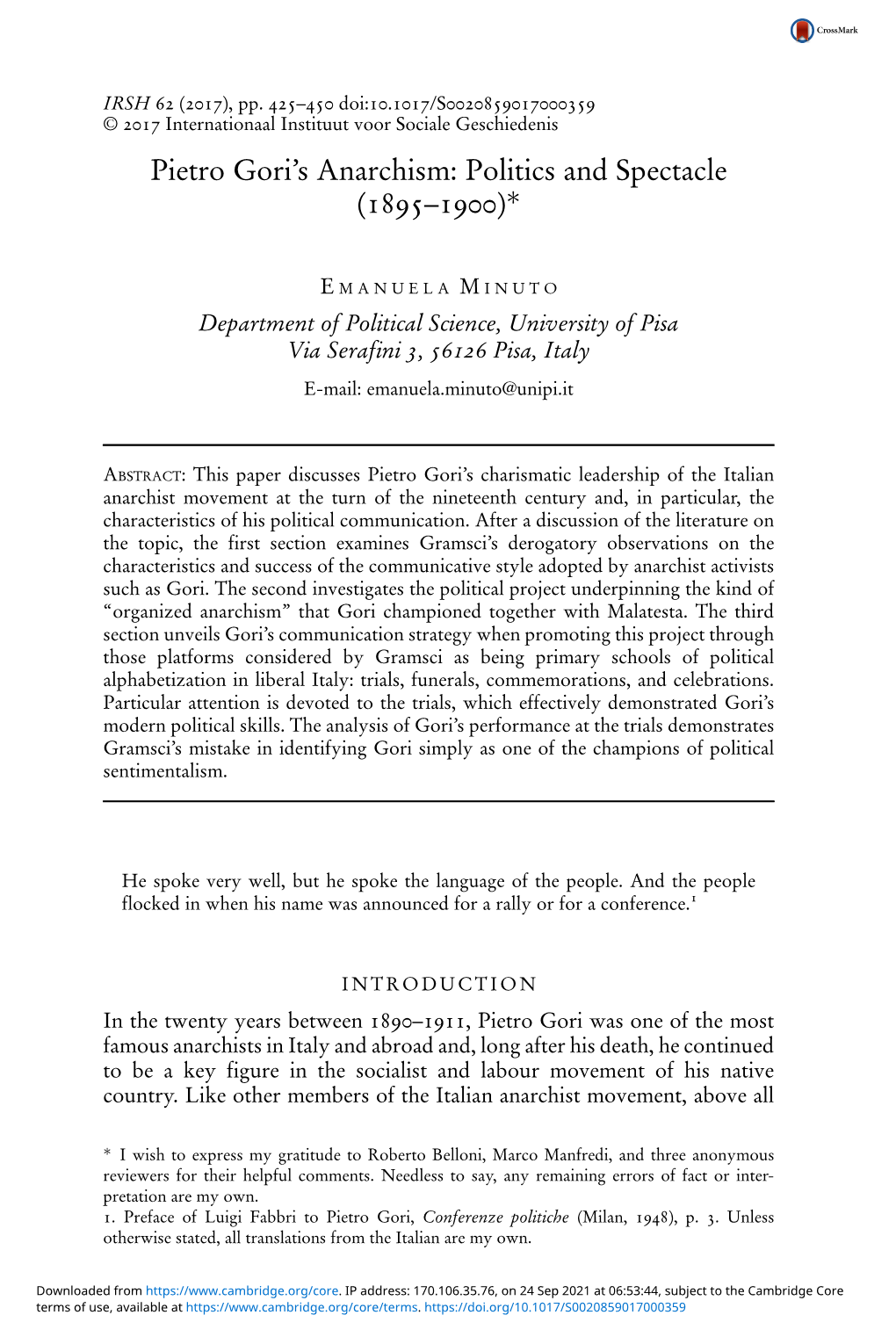 Pietro Gori's Anarchism: Politics and Spectacle (1895–1900)*