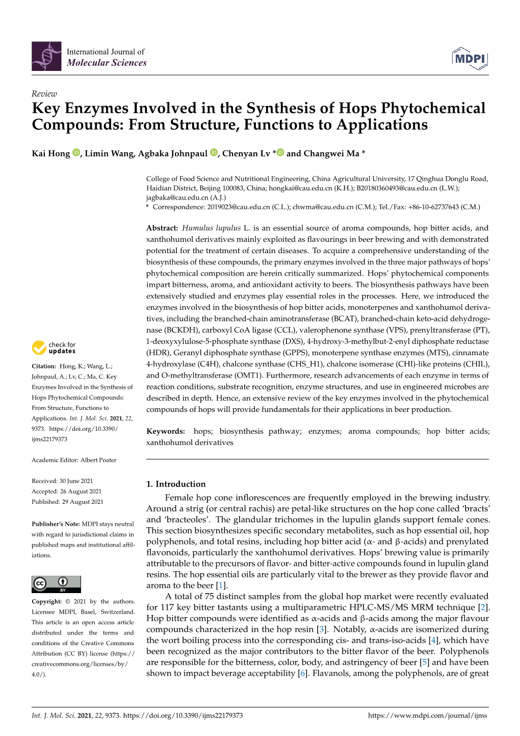 Key Enzymes Involved in the Synthesis of Hops Phytochemical Compounds: from Structure, Functions to Applications