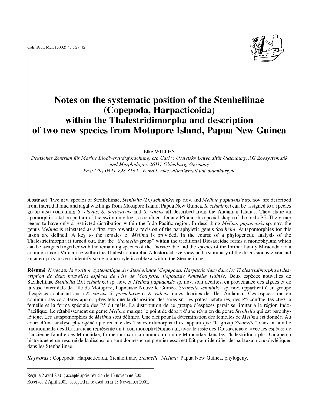 Copepoda, Harpacticoida) Within the Thalestridimorpha and Description of Two New Species from Motupore Island, Papua New Guinea