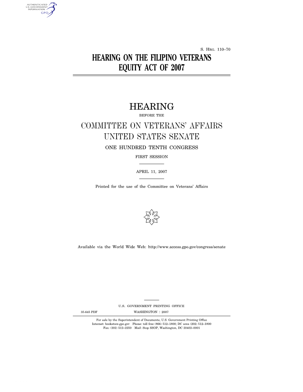 Hearing on the Filipino Veterans Equity Act of 2007