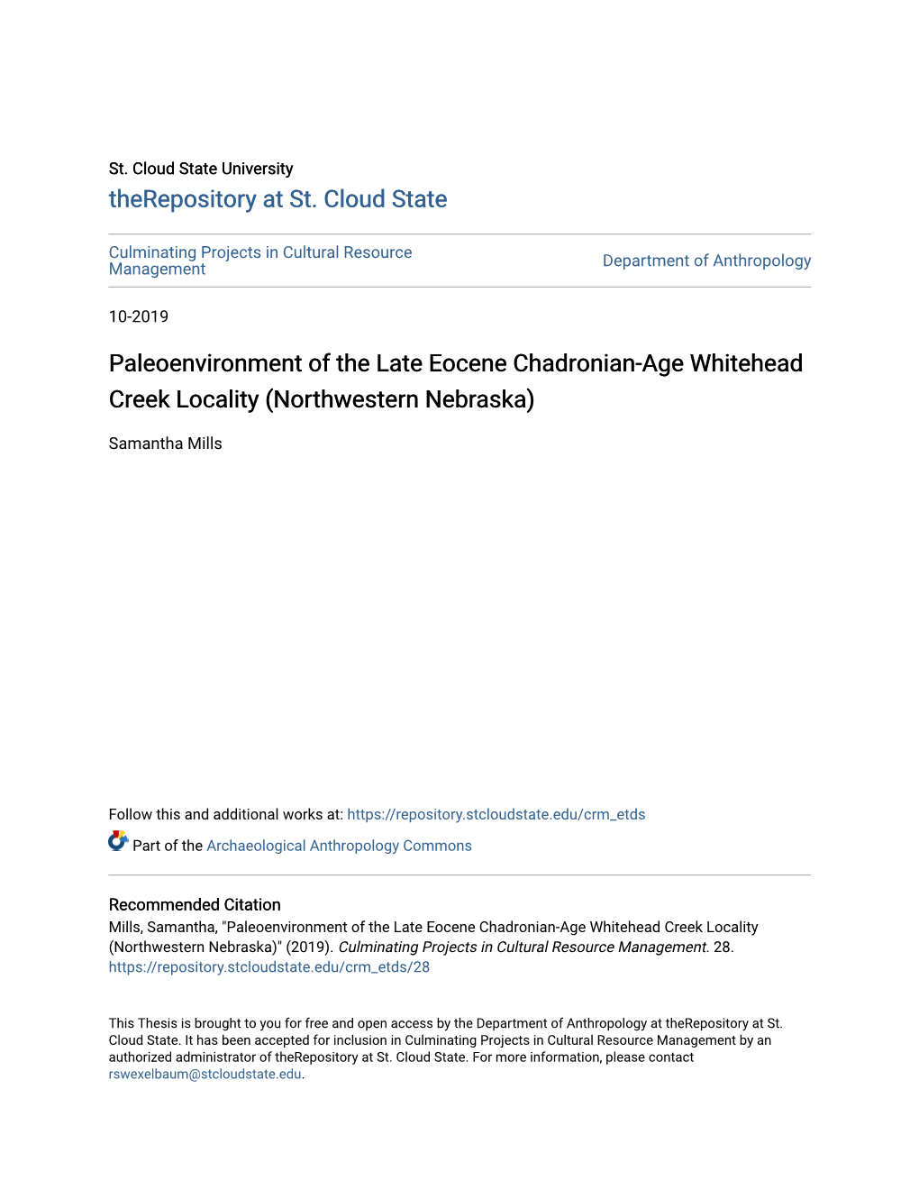 Paleoenvironment of the Late Eocene Chadronian-Age Whitehead Creek Locality (Northwestern Nebraska)