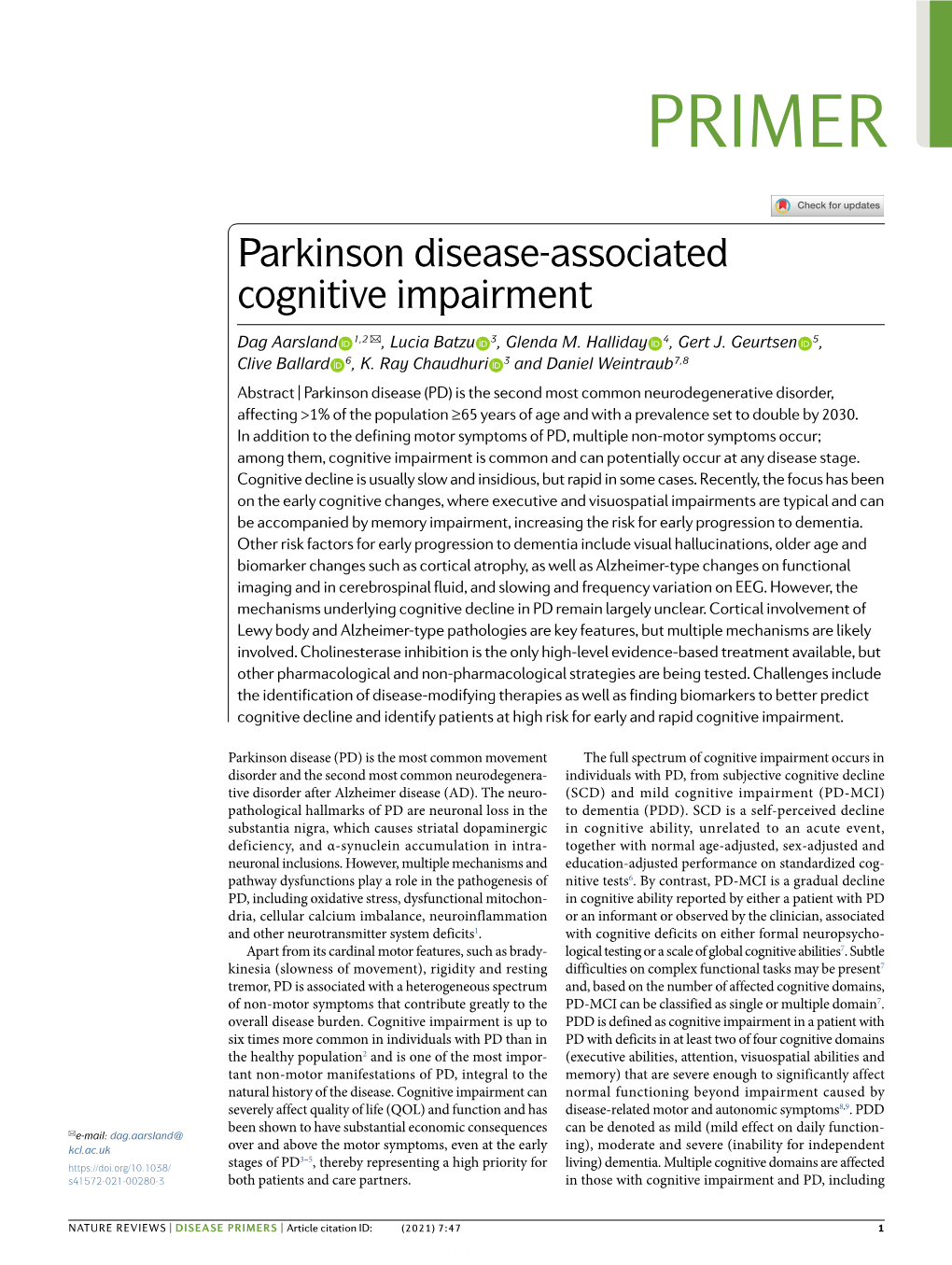 Parkinson Disease-Associated Cognitive Impairment