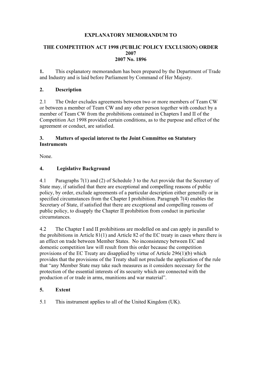 Explanatory Memorandum to the Competition Act 1998