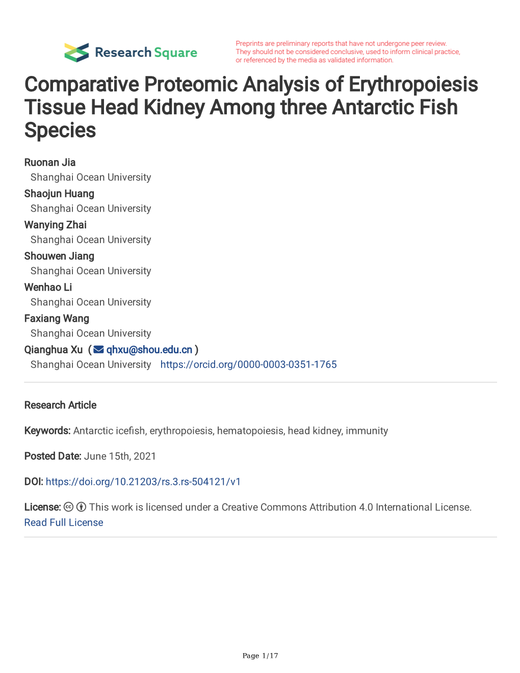 Comparative Proteomic Analysis of Erythropoiesis Tissue Head Kidney Among Three Antarctic Fish Species