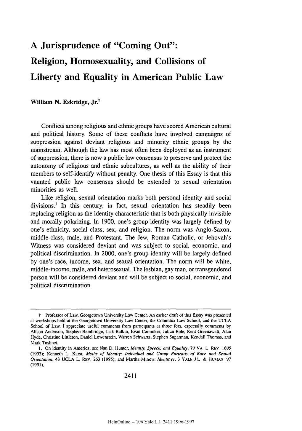 Religion, Homosexuality, and Collisions of Liberty and Equality in American Public Law