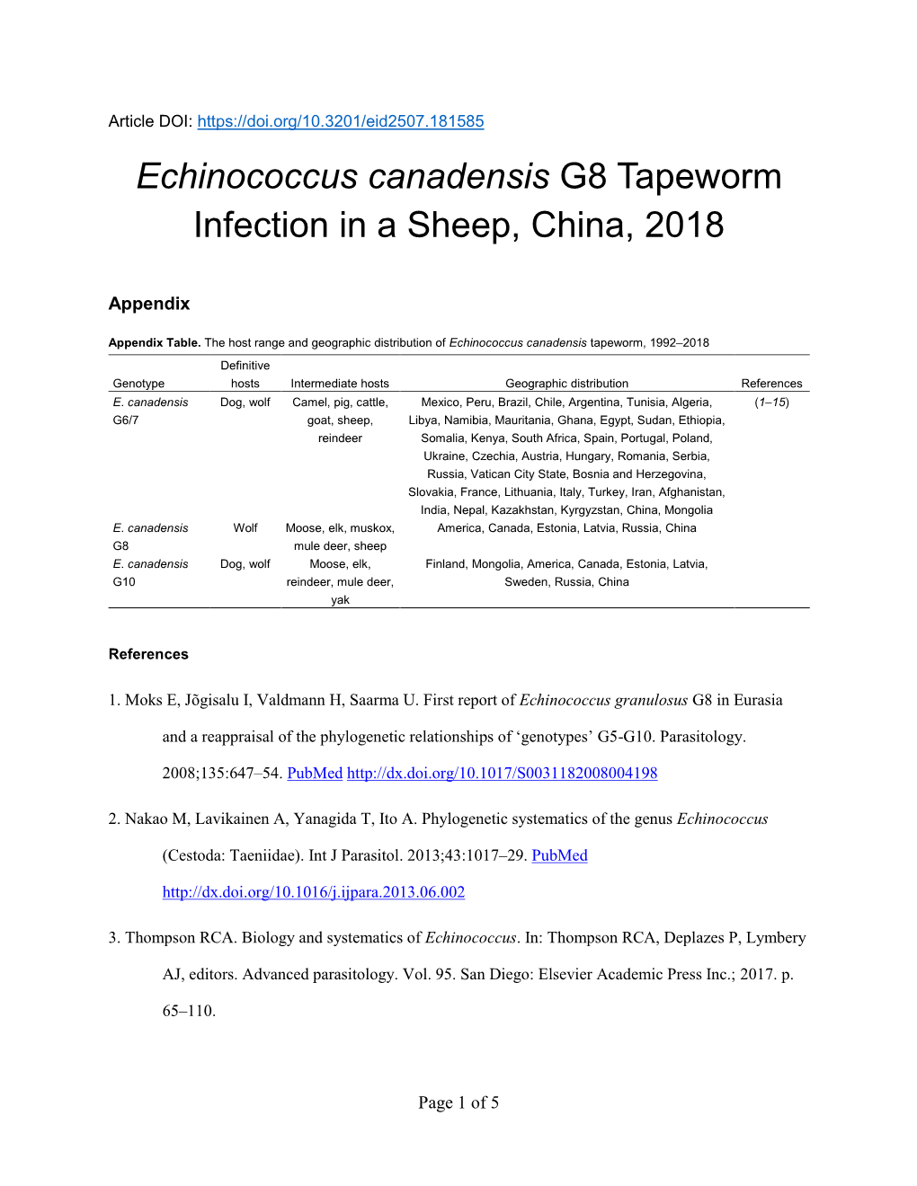 Echinococcus Canadensis G8 Tapeworm Infection in a Sheep, China, 2018