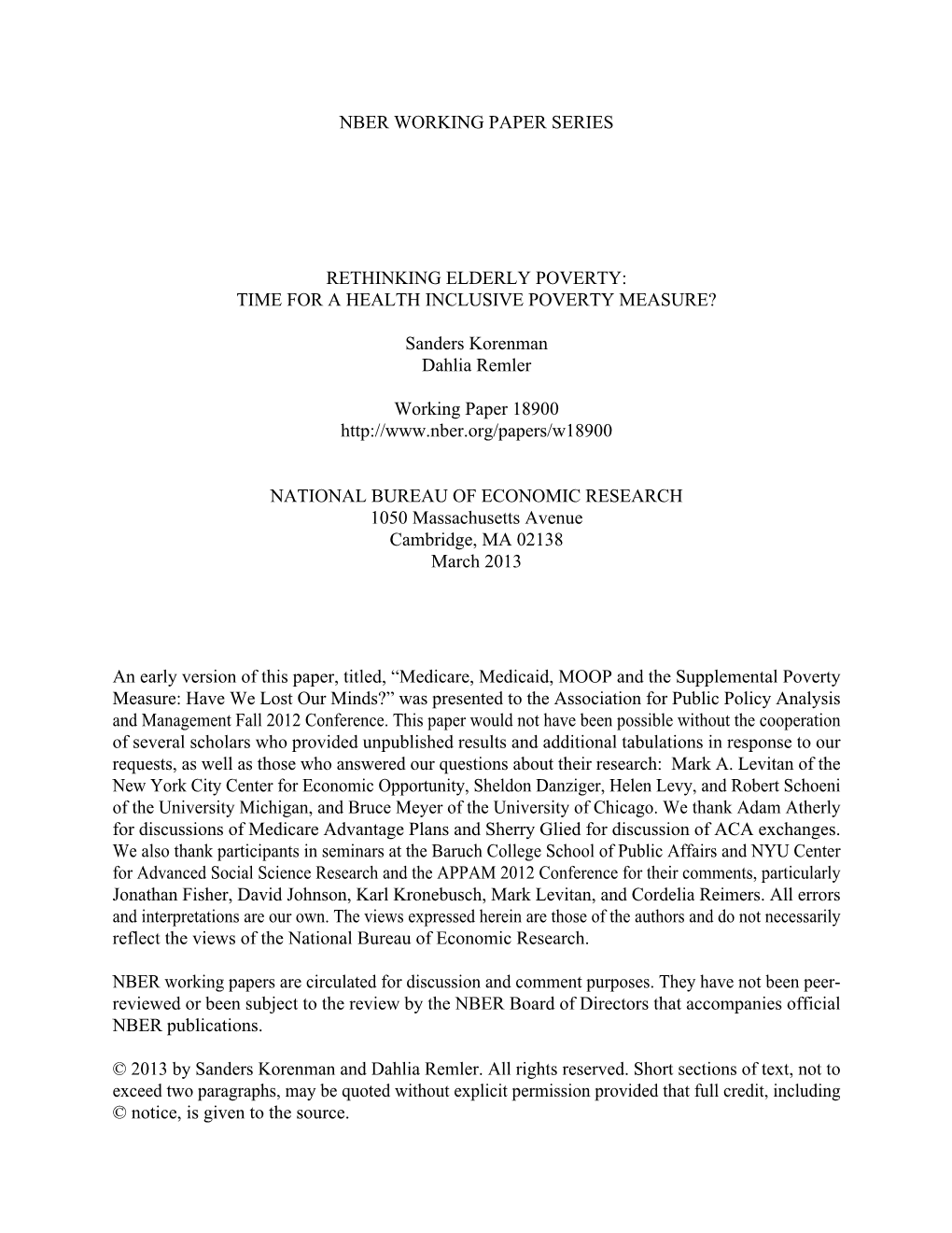 Nber Working Paper Series Rethinking Elderly Poverty