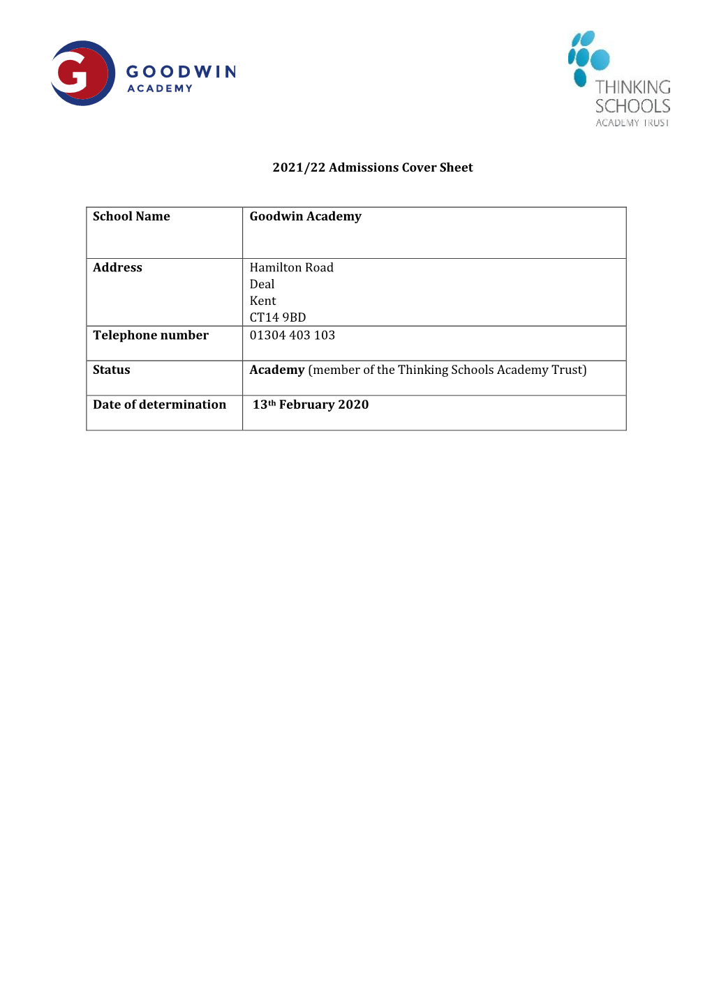 2021/22 Admissions Cover Sheet School Name Goodwin Academy