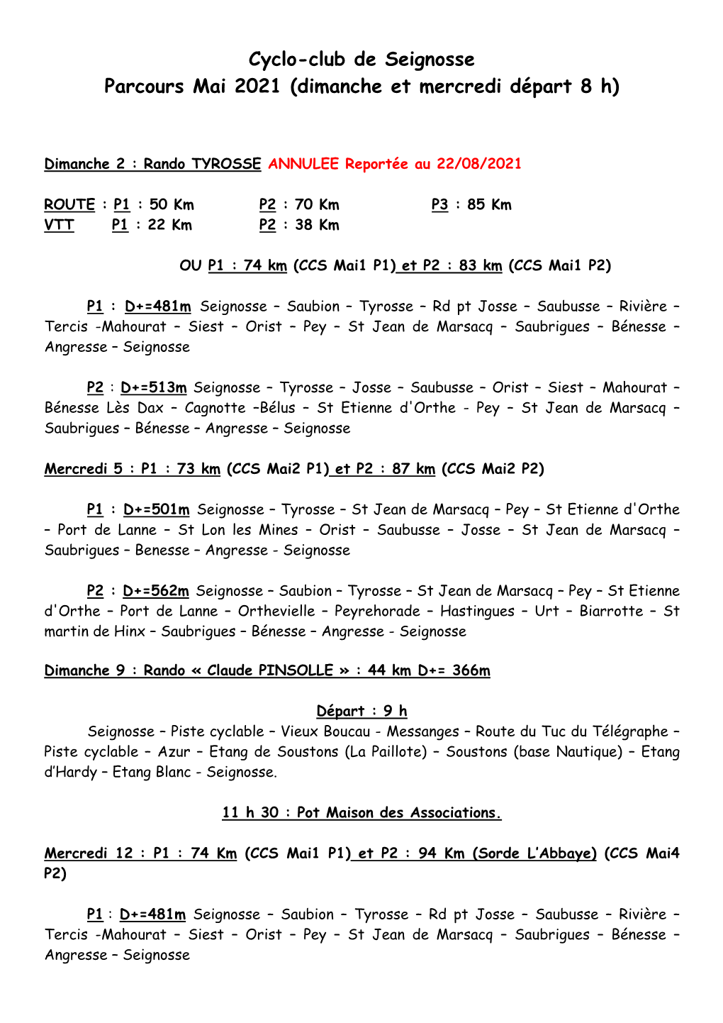 Cyclo-Club De Seignosse Parcours Mai 2021 (Dimanche Et Mercredi Départ 8 H)