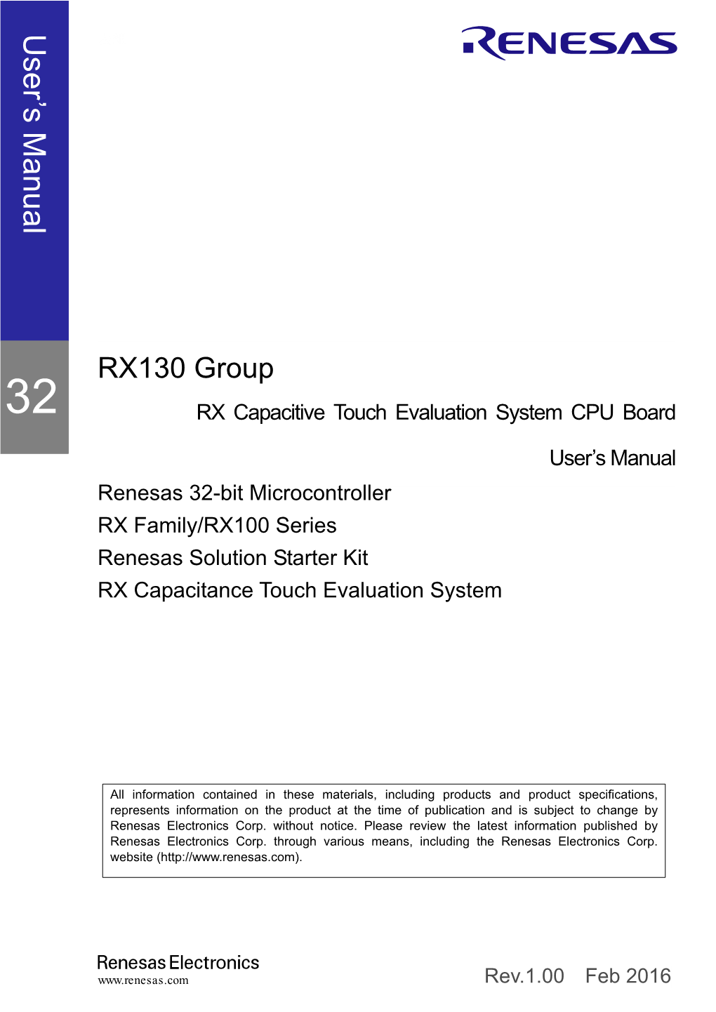 RX130 Group RX Capacitive Touch Evaluation System CPU Board User's Manual 1