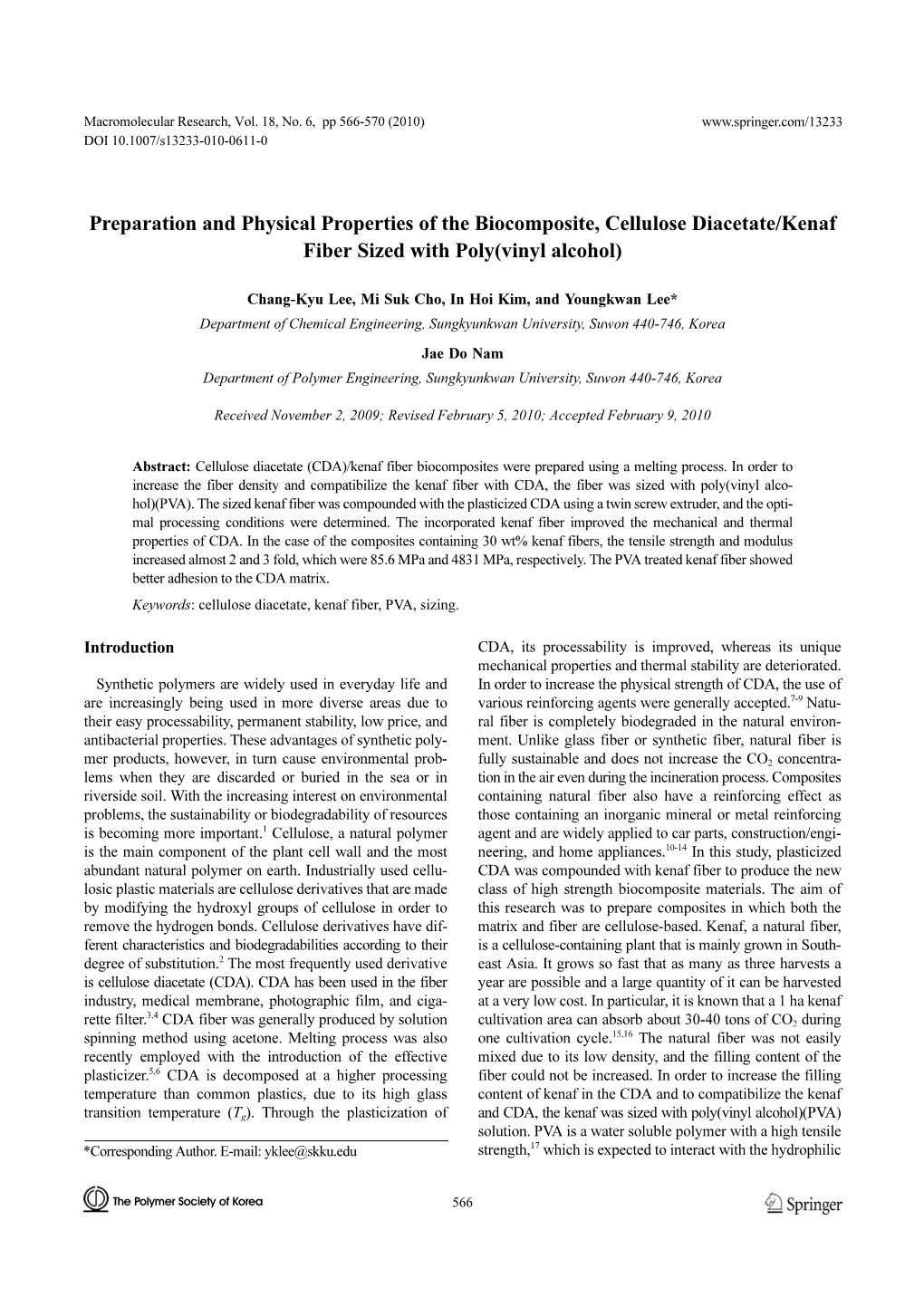 Preparation and Physical Properties of the Biocomposite, Cellulose Diacetate/Kenaf Fiber Sized with Poly(Vinyl Alcohol)