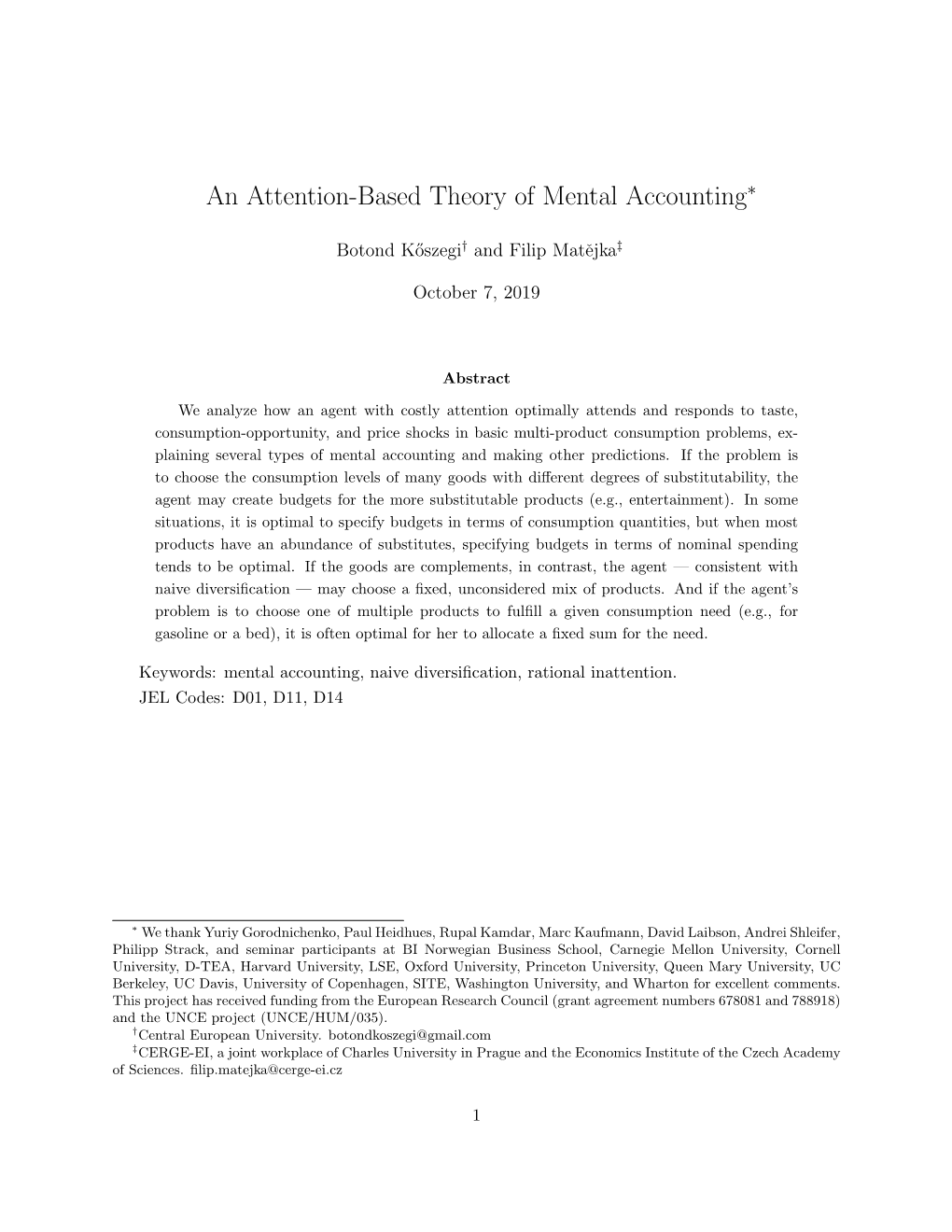 An Attention-Based Theory of Mental Accounting∗