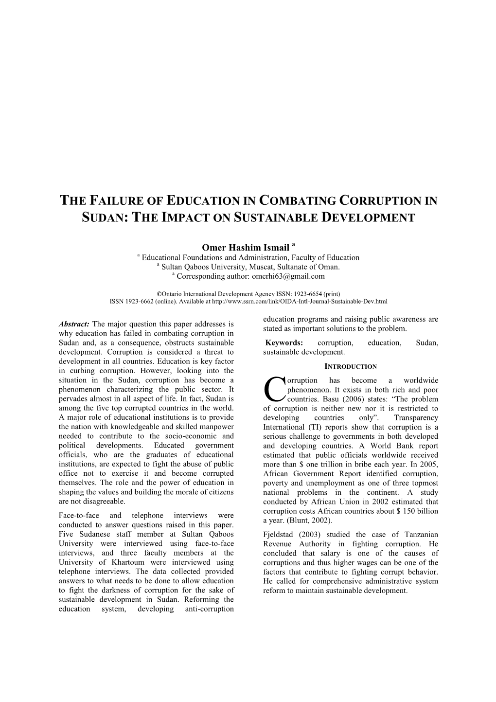 The Failure of Education in Combating Corruption in Sudan: the Impact on Sustainable Development