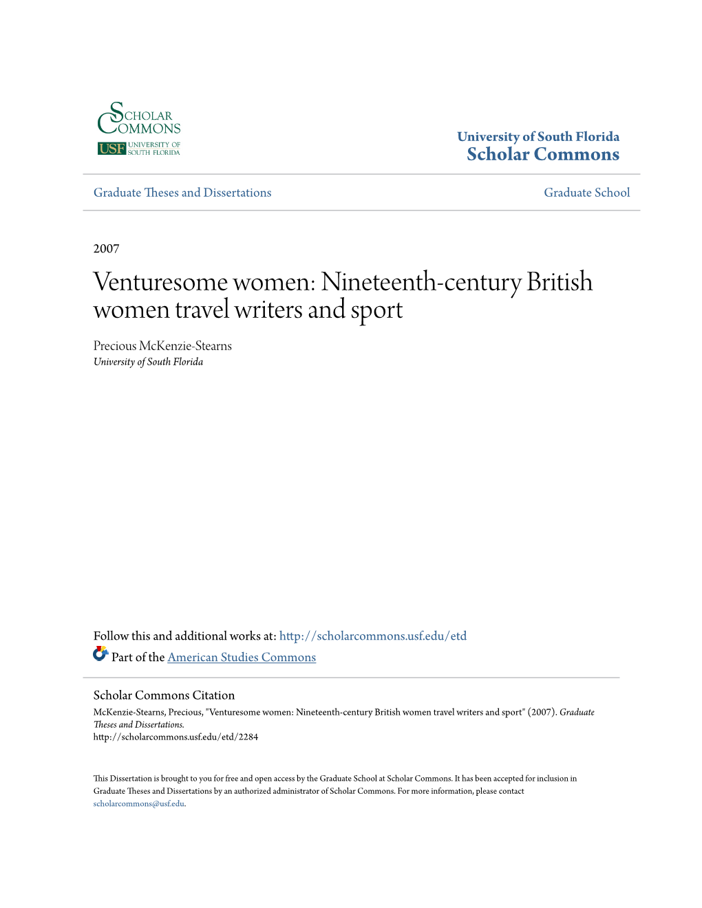 Nineteenth-Century British Women Travel Writers and Sport Precious Mckenzie-Stearns University of South Florida