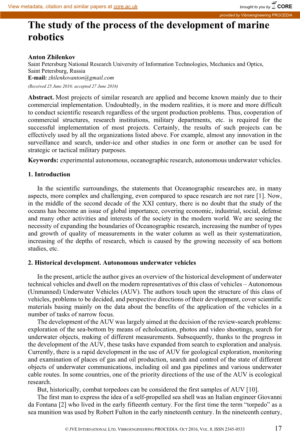 The Study of the Process of the Development of Marine Robotics