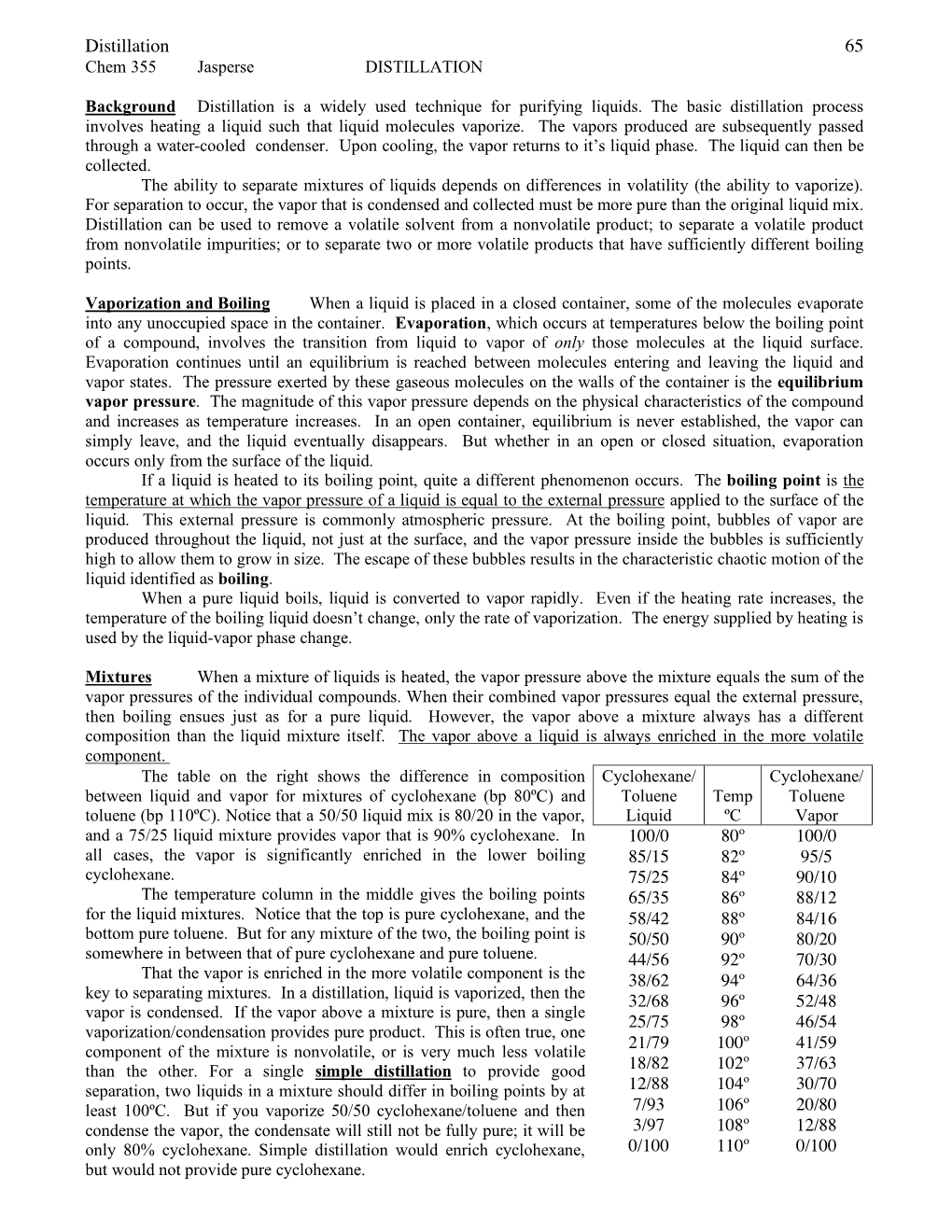 Distillation 65 Chem 355 Jasperse DISTILLATION