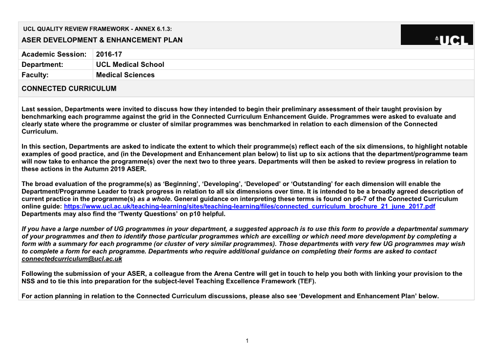 2016-17 Department: UCL Medical School Faculty: Medical Sciences CONNECTED CURRICULUM