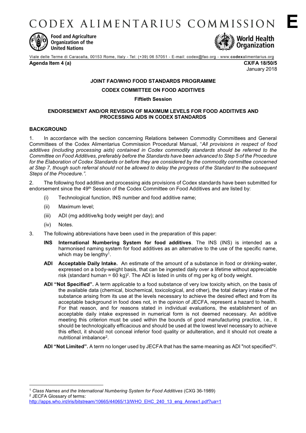 CX/FA 18/50/5 January 2018 JOINT FAO/WHO FOOD STANDARDS