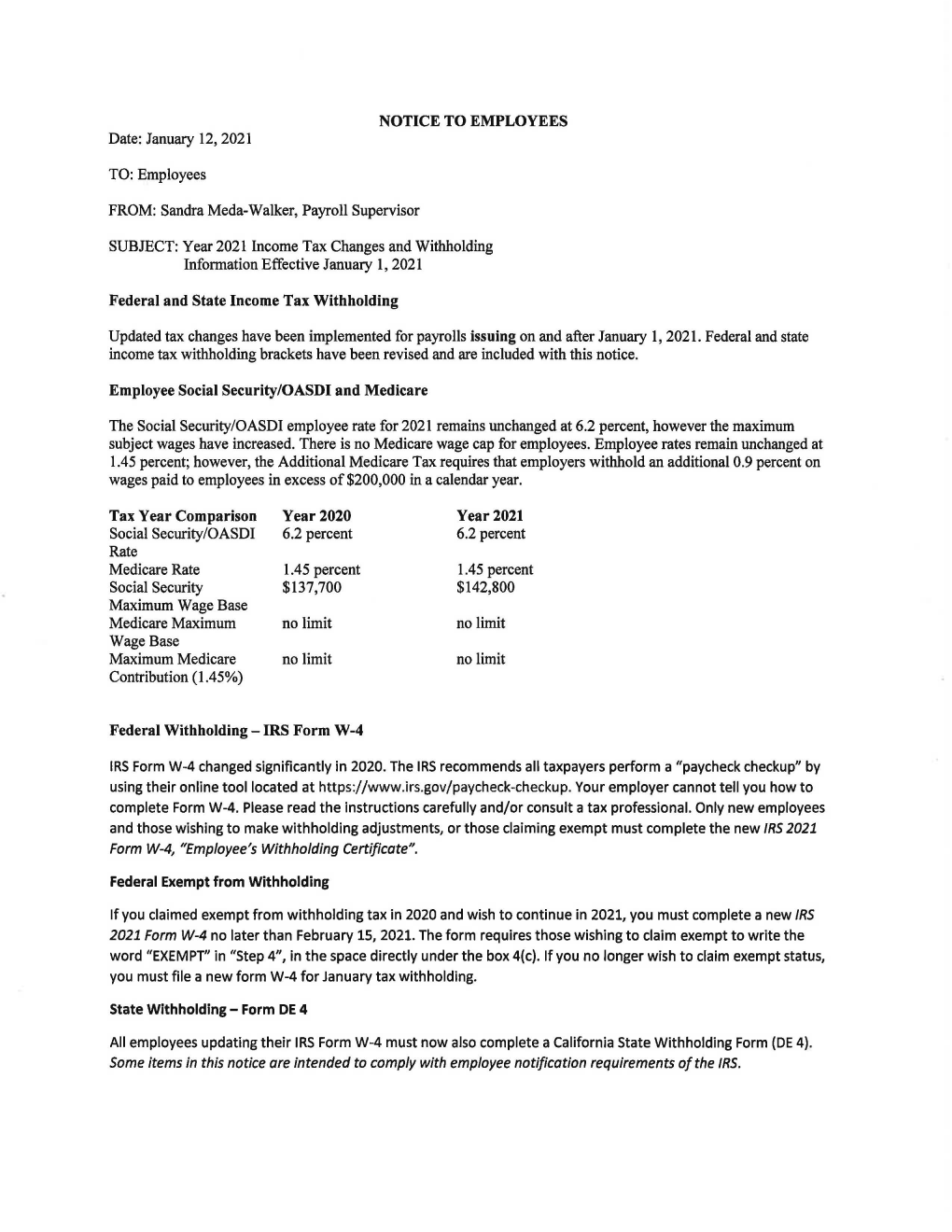 2021 Income Tax Changes and Withholding Information Effective January 1, 2021