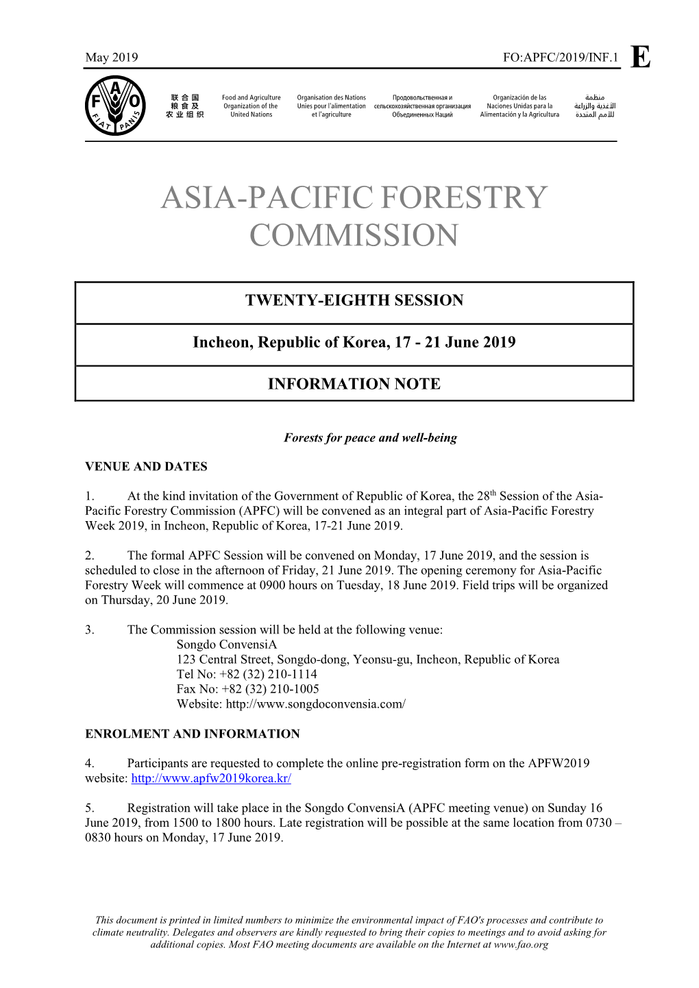 Information Note of the Twenty-Eighth Session of the Asia-Pacific Forestry Commission FO:APFC/2000/INF.1