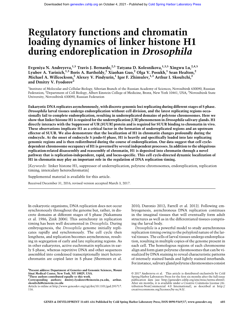 Regulatory Functions and Chromatin Loading Dynamics of Linker Histone H1 During Endoreplication in Drosophila