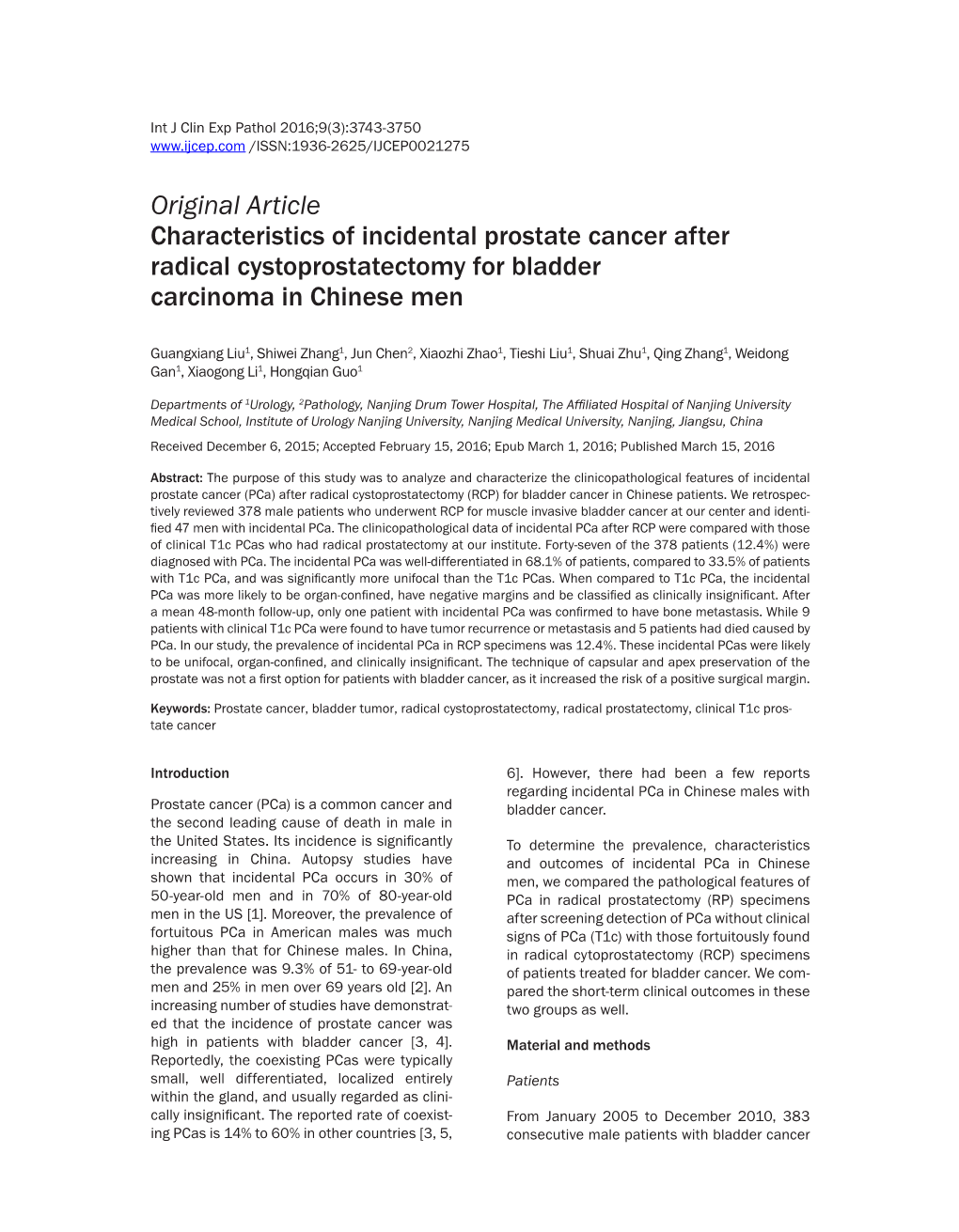Original Article Characteristics of Incidental Prostate Cancer After Radical Cystoprostatectomy for Bladder Carcinoma in Chinese Men