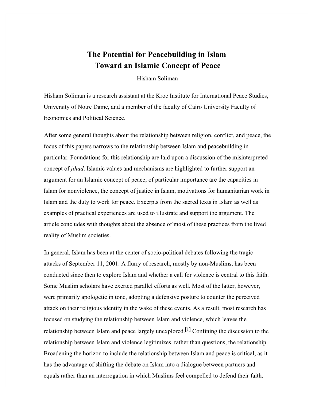 The Potential for Peacebuilding in Islam Toward an Islamic Concept of Peace Hisham Soliman