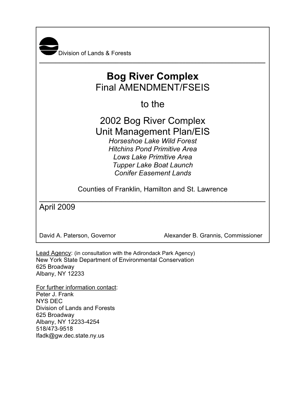 Bog River Unit Management Plan/EIS April 2009