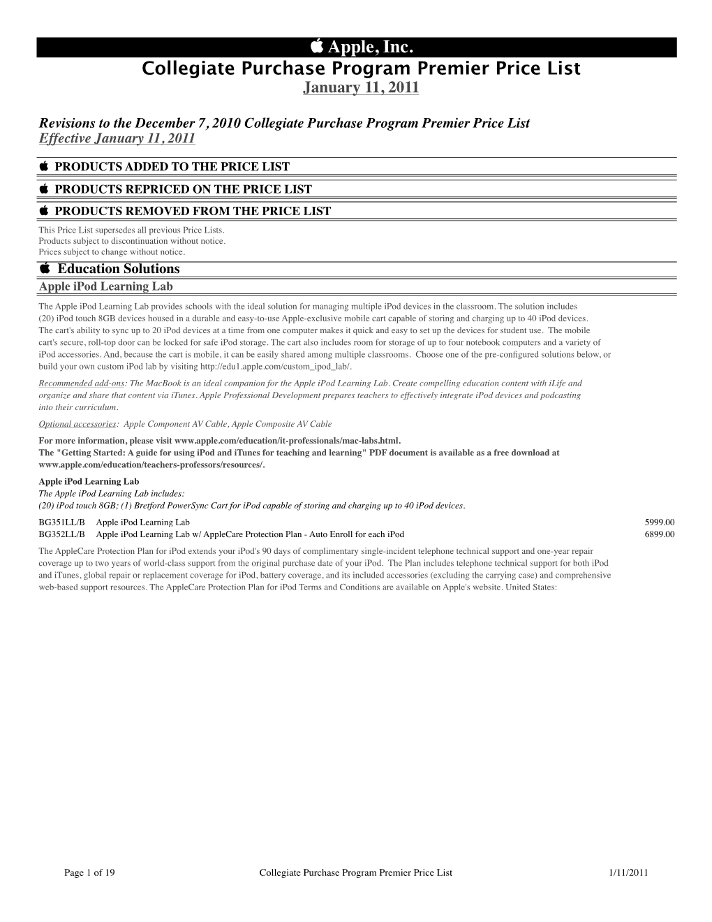 Apple, Inc. Collegiate Purchase Program Premier Price List January 11, 2011