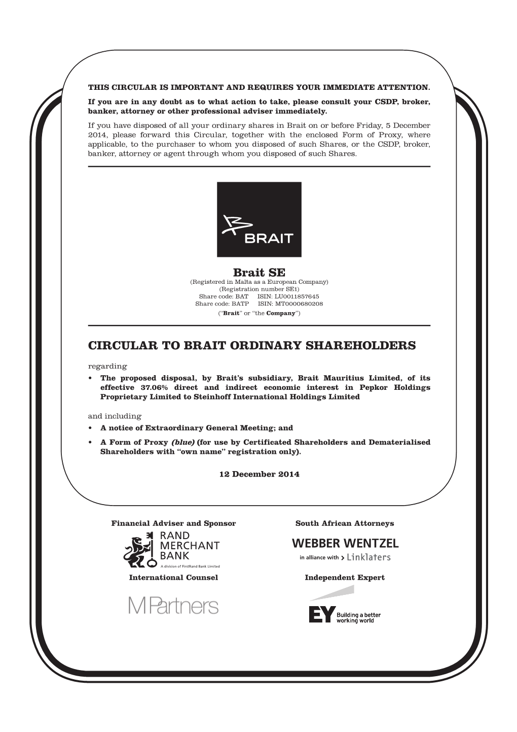 Circular to Brait Ordinary Shareholders and Notice of Extraordinary General Meeting