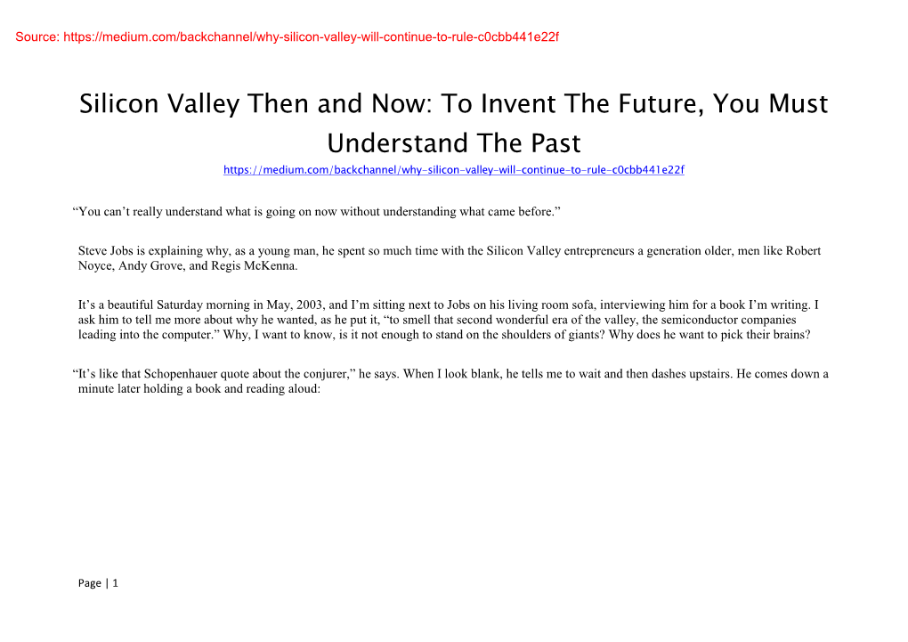 Silicon Valley Then and Now: to Invent the Future, You Must Understand the Past