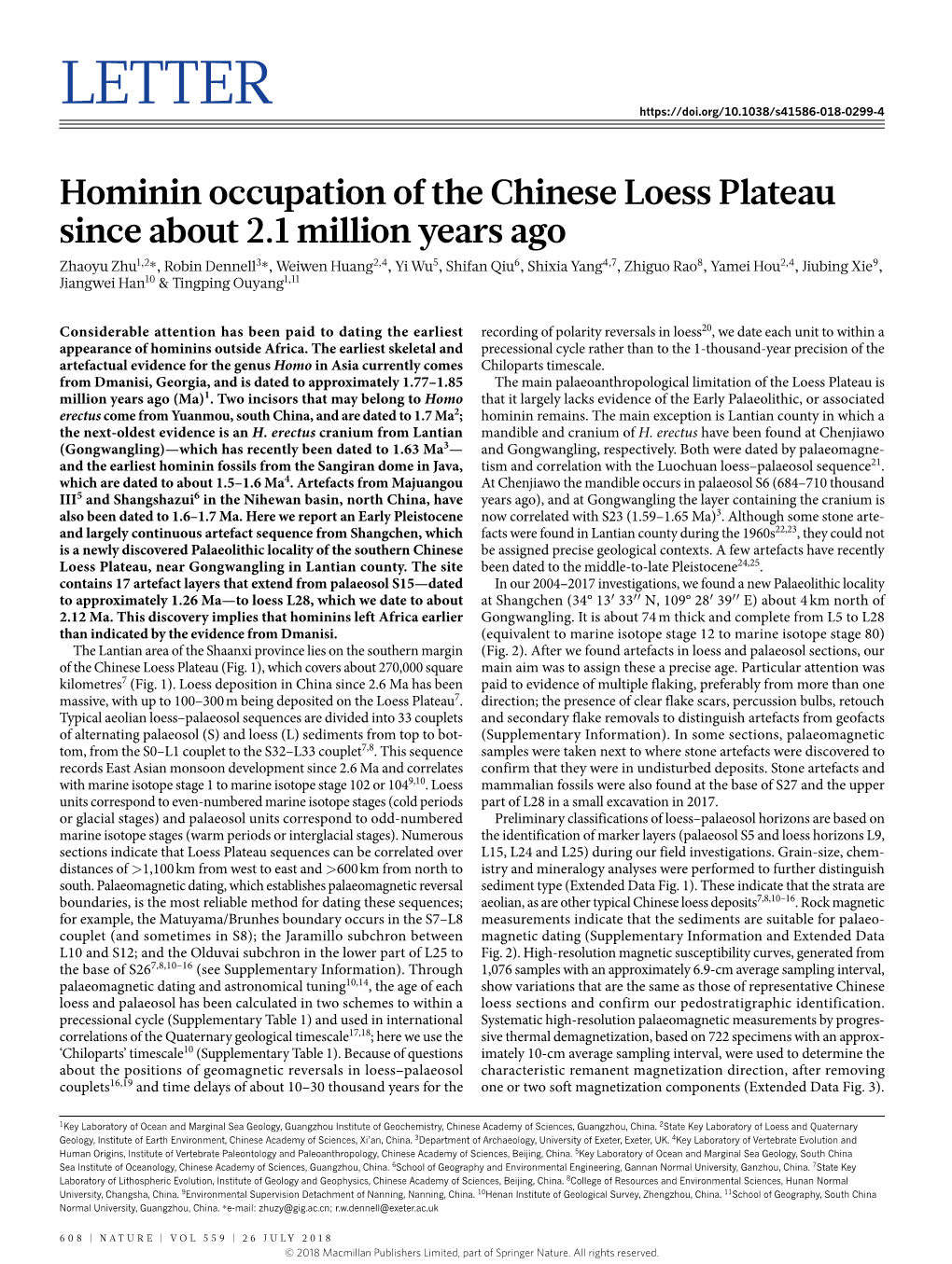 Hominin Occupation of the Chinese Loess Plateau Since About 2.1