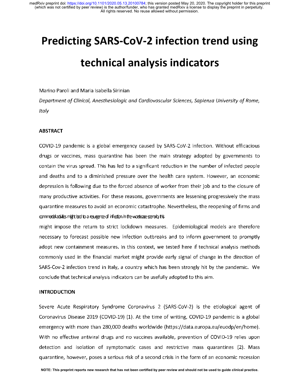 Predicting SARS-Cov-2 Infection Trend Using Technical Analysis Indicators