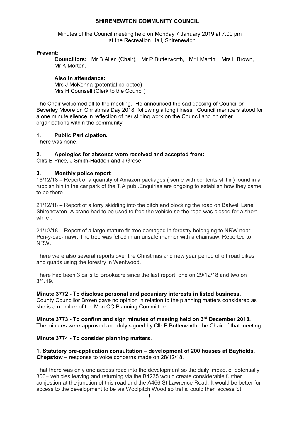 SHIRENEWTON COMMUNITY COUNCIL Minutes of the Council