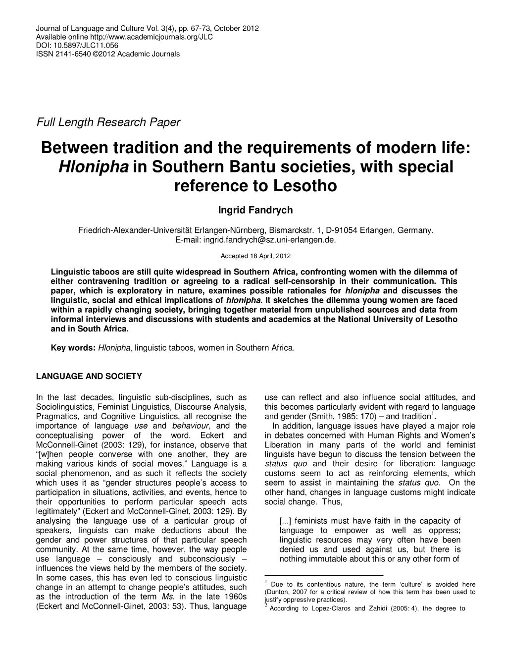 Hlonipha in Southern Bantu Societies, with Special Reference to Lesotho