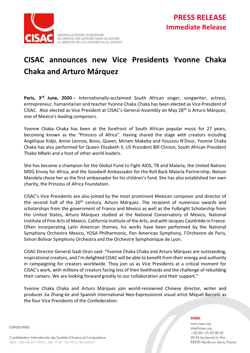 PRESS RELEASE CISAC Announces New Vice Presidents Yvonne Chaka