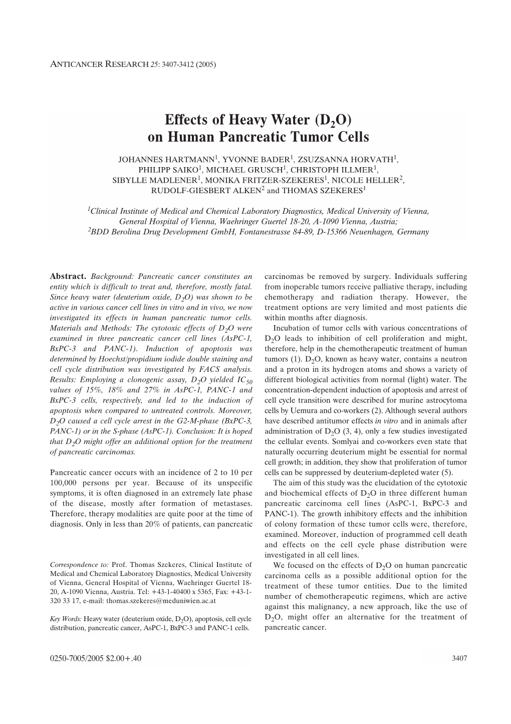 Effects of Heavy Water (D2O) on Human Pancreatic Tumor Cells