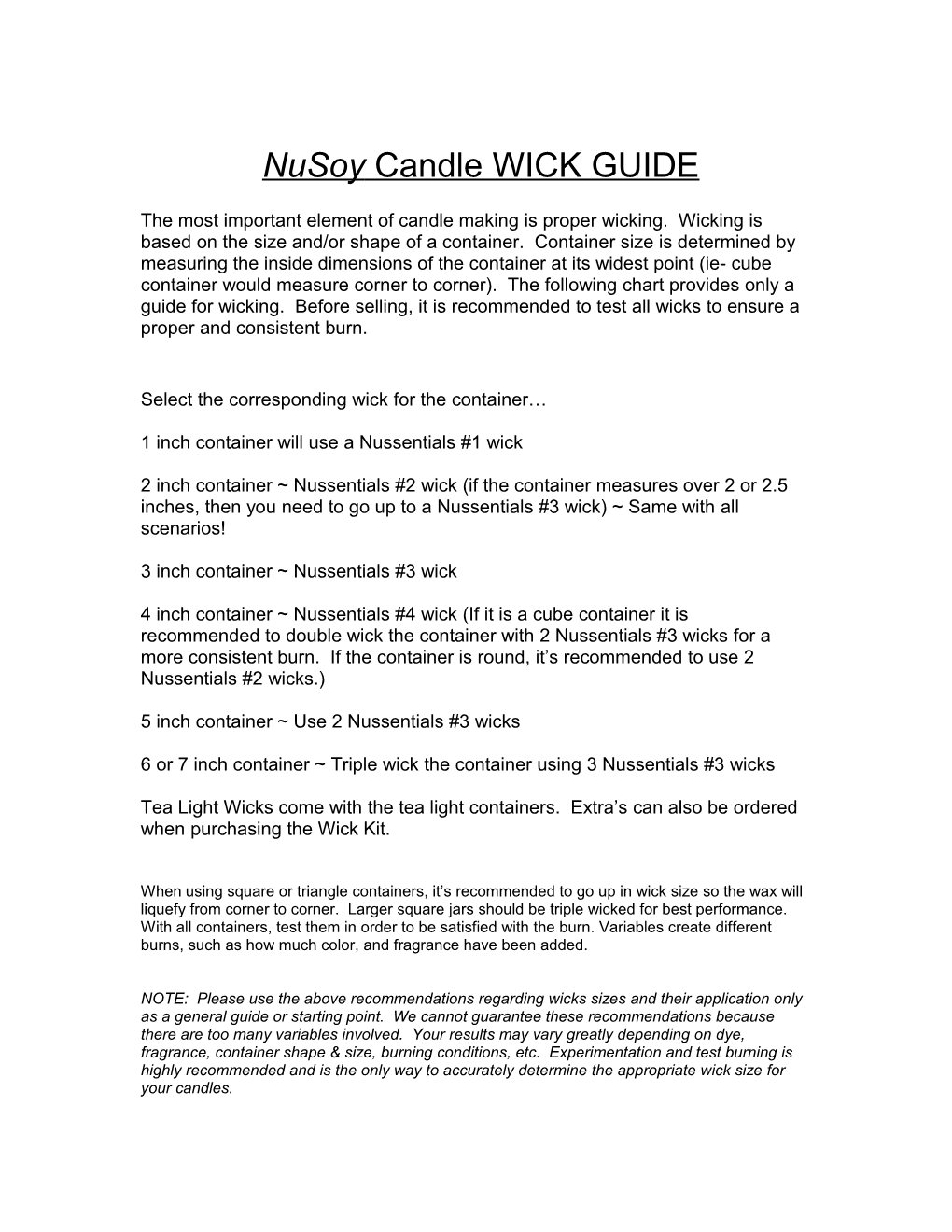 Nusoy Candle WICK GUIDE