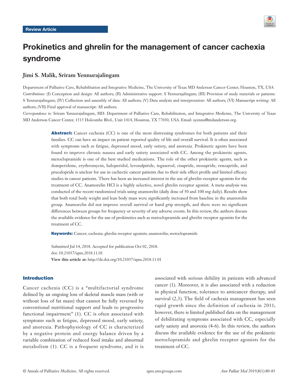 Prokinetics and Ghrelin for the Management of Cancer Cachexia Syndrome