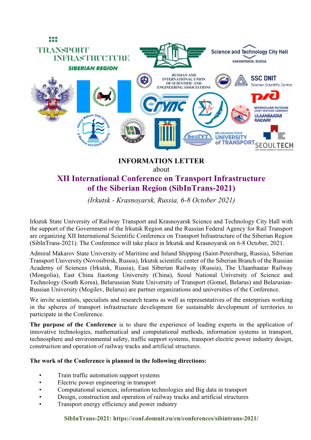 XII International Conference on Transport Infrastructure of the Siberian Region (Sibintrans-2021) (Irkutsk - Krasnoyarsk, Russia, 6-8 October 2021)