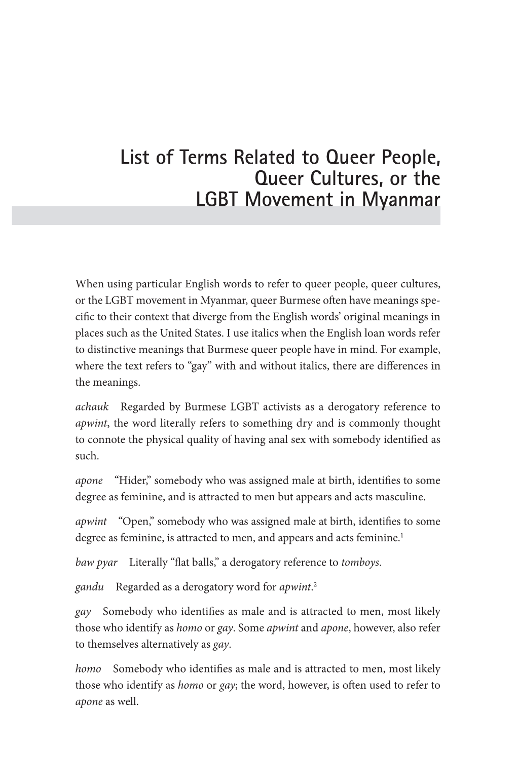 List of Terms Related to Queer People, Queer Cultures, Or the LGBT Movement in Myanmar