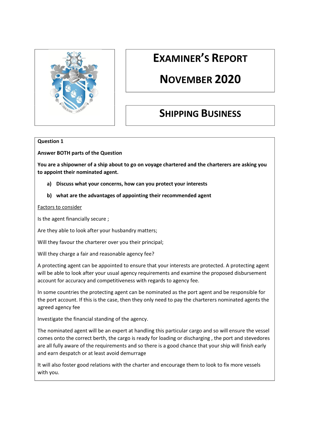 Examiner's Report November 2020